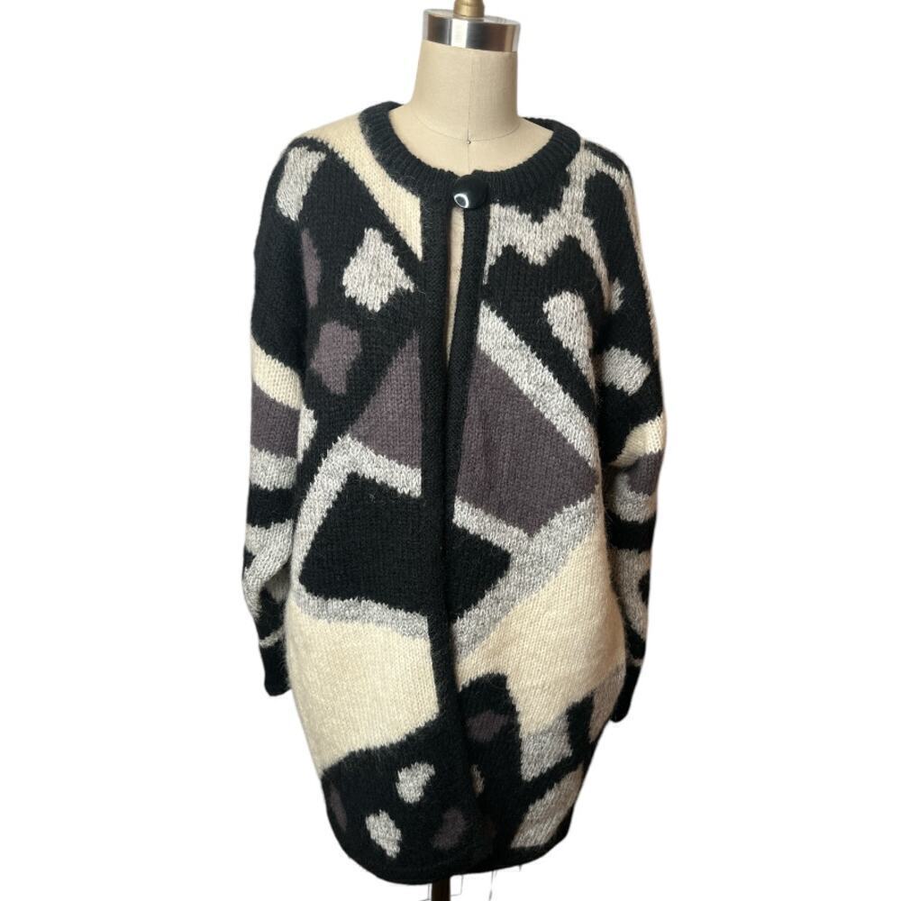Vntg Franco Valeri Black Wool Blend Sweater Open Cardigan Duster Women's Size M